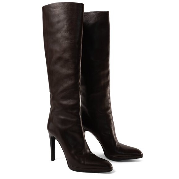Helmut Lang Brown Leather High Heel Boots - Picture 1 of 5